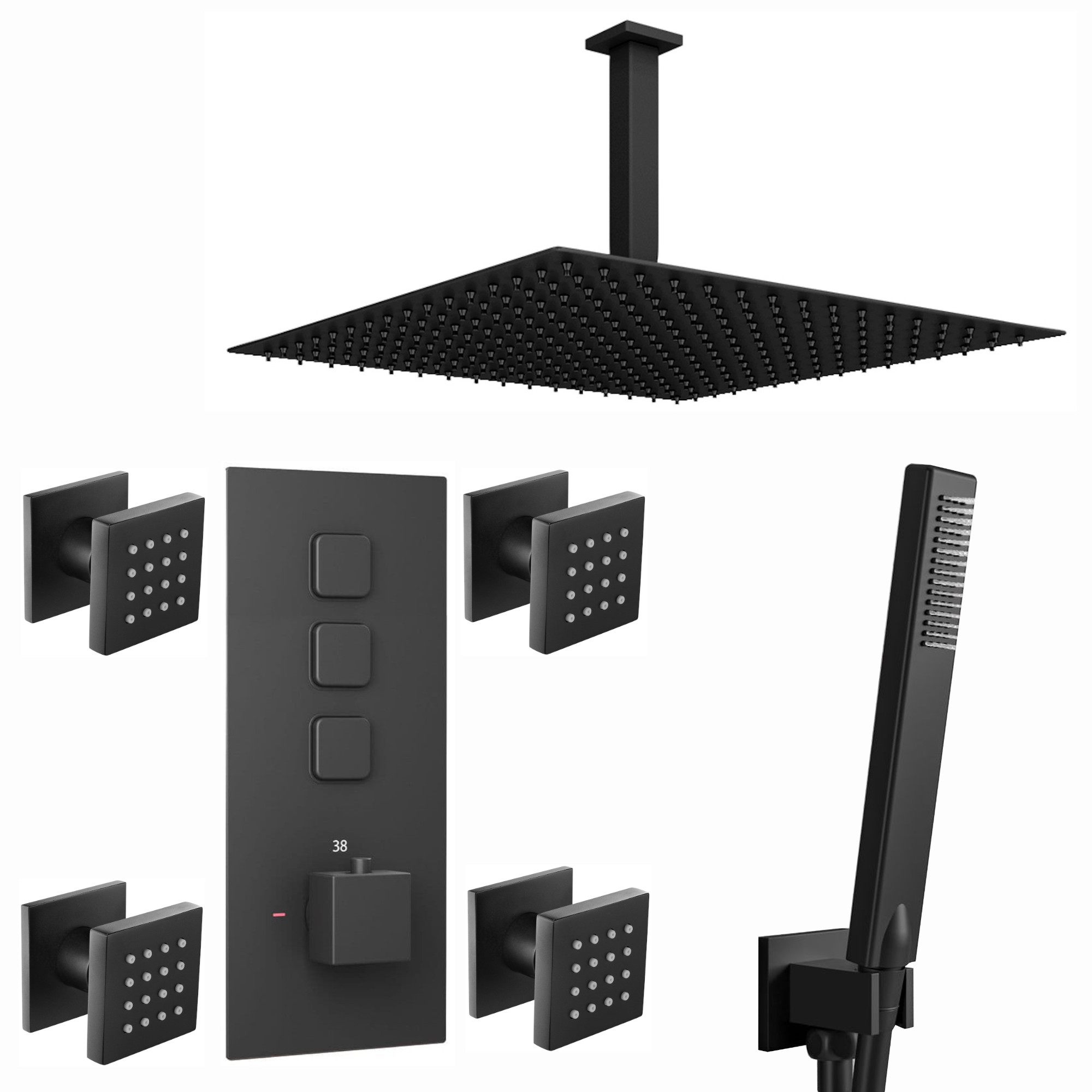 ENKI, Milan, SH0048, Square Thermostatic Concealed Shower Set with Body Jets, Ceiling Overhead Shower, Handset Kit, Black image